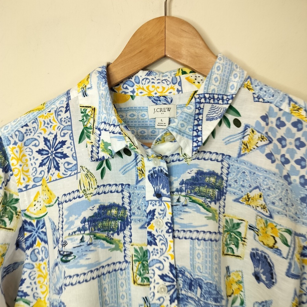 J. Crew Linen Blend Button Up Shirt Floral Lemon Patchwork Cheerful - Picture 5 of 11